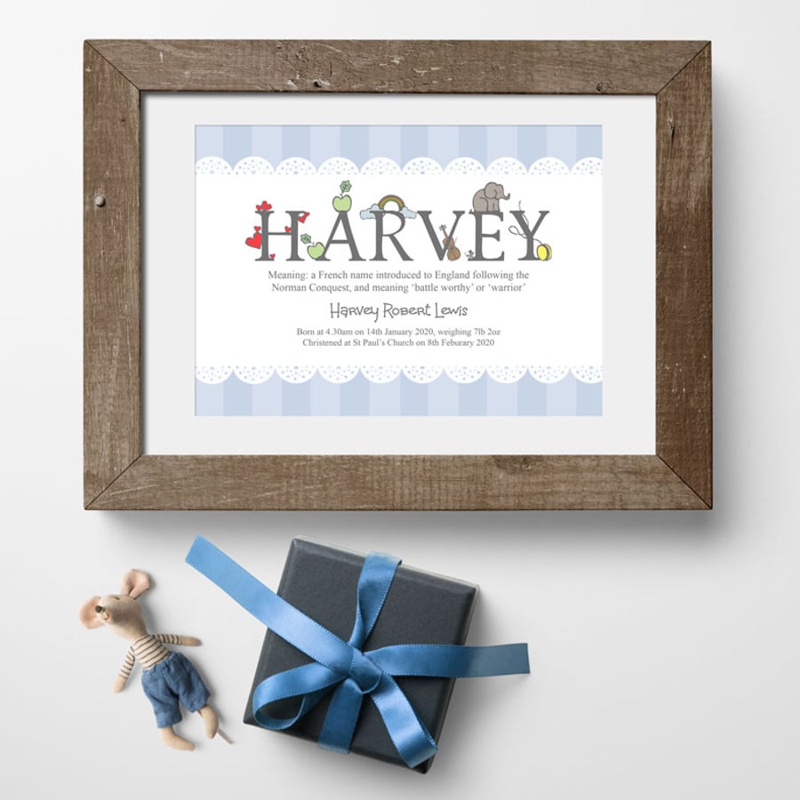 Personalised Name Meaning Alphabet Print, Blue, christening gift for new baby