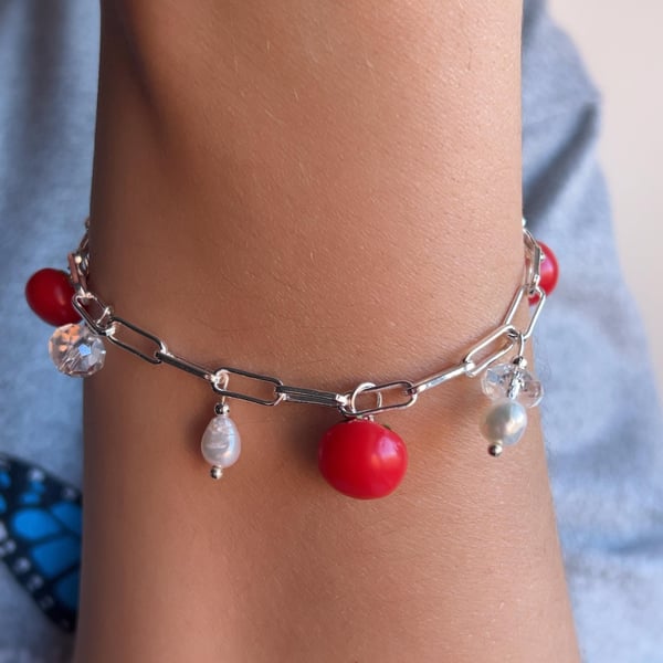 Handmade Tomato and Pearl Bracelet – Playful Silver Charm Jewellery for her