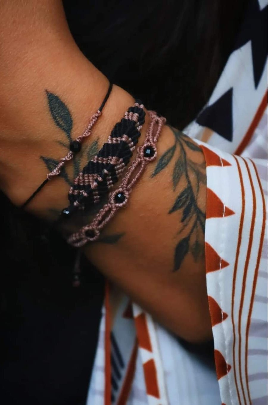 Macrame bracelets set of three with Tourmaline in black and rust pink
