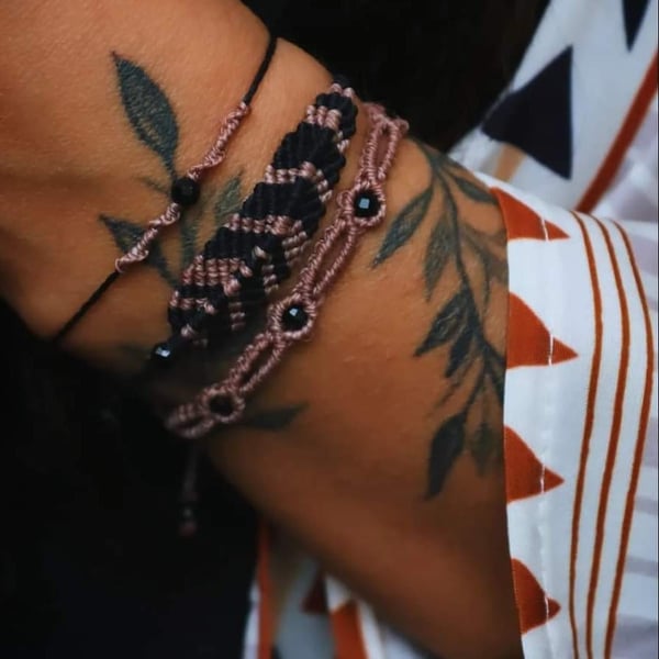 Macrame bracelets set of three with Tourmaline in black and rust pink