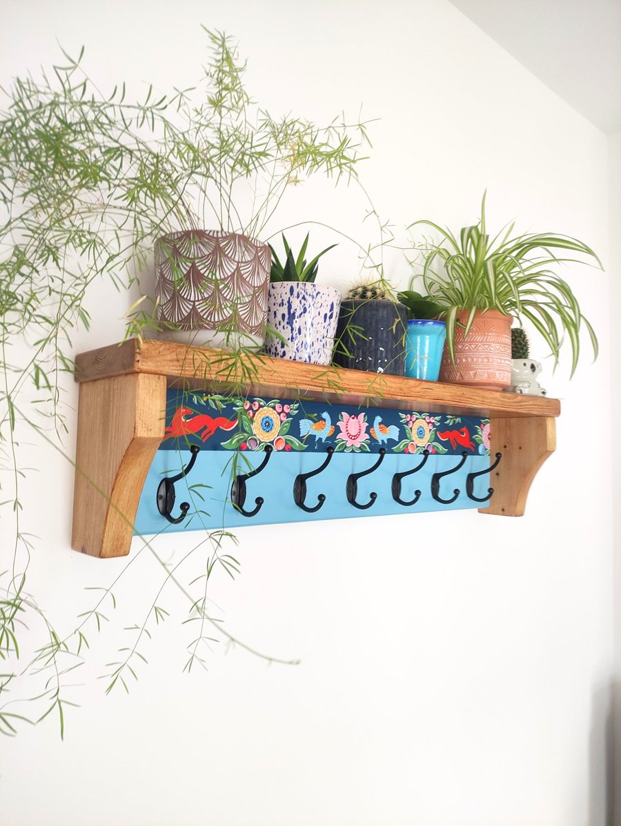 Handcrafted Folk-Style Solid Pine Coat Rack with Shelf & 7 Double Hooks