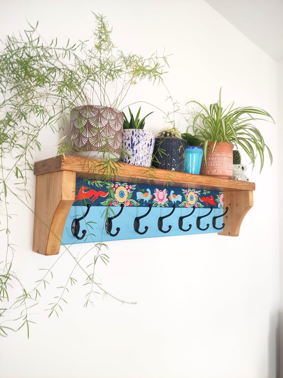 Handcrafted Folk-Style Solid Pine Coat Rack with Shelf & 7 Double Hooks