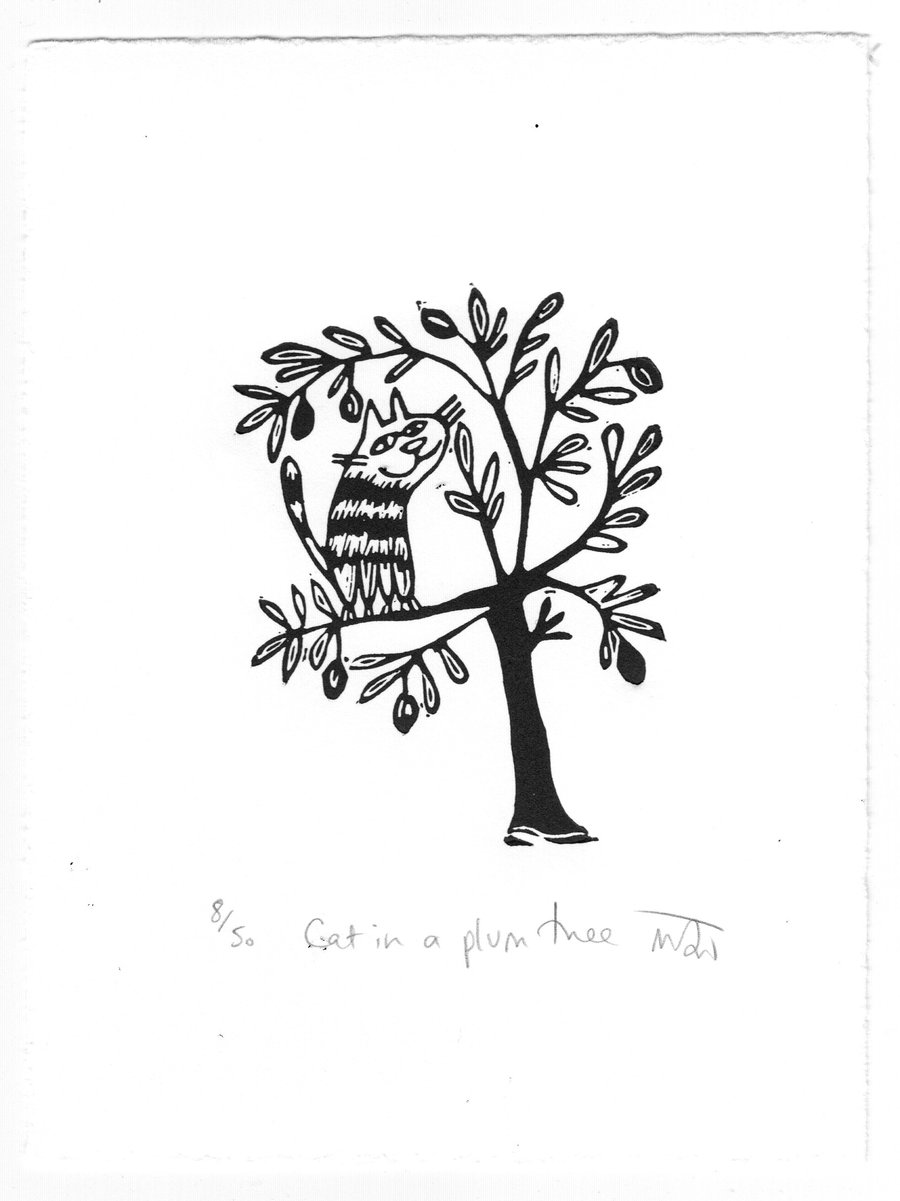 Cat in a Plum Tree - lino cut print