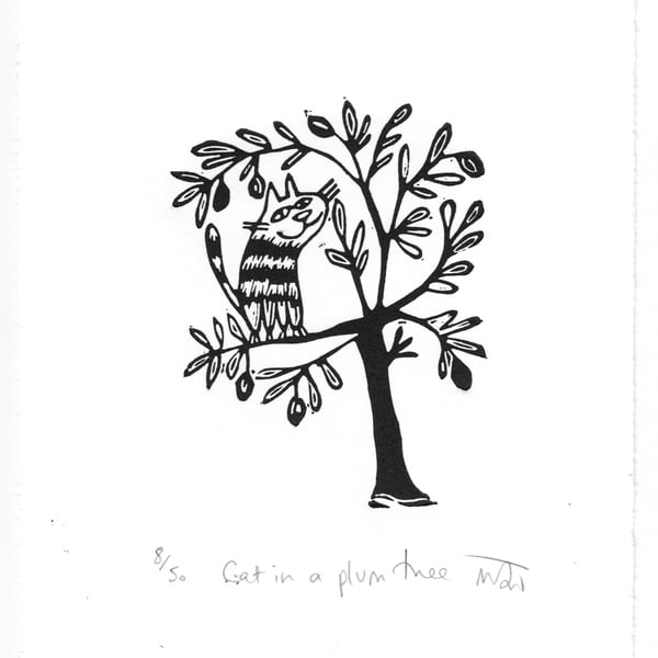 Cat in a Plum Tree - lino cut print