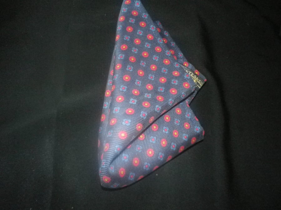 Red motif on navy pure silk pocket square 25x25cm free shipping gift wrapped
