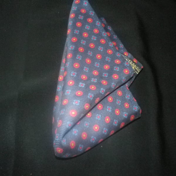 Red motif on navy pure silk pocket square 25x25cm free shipping gift wrapped