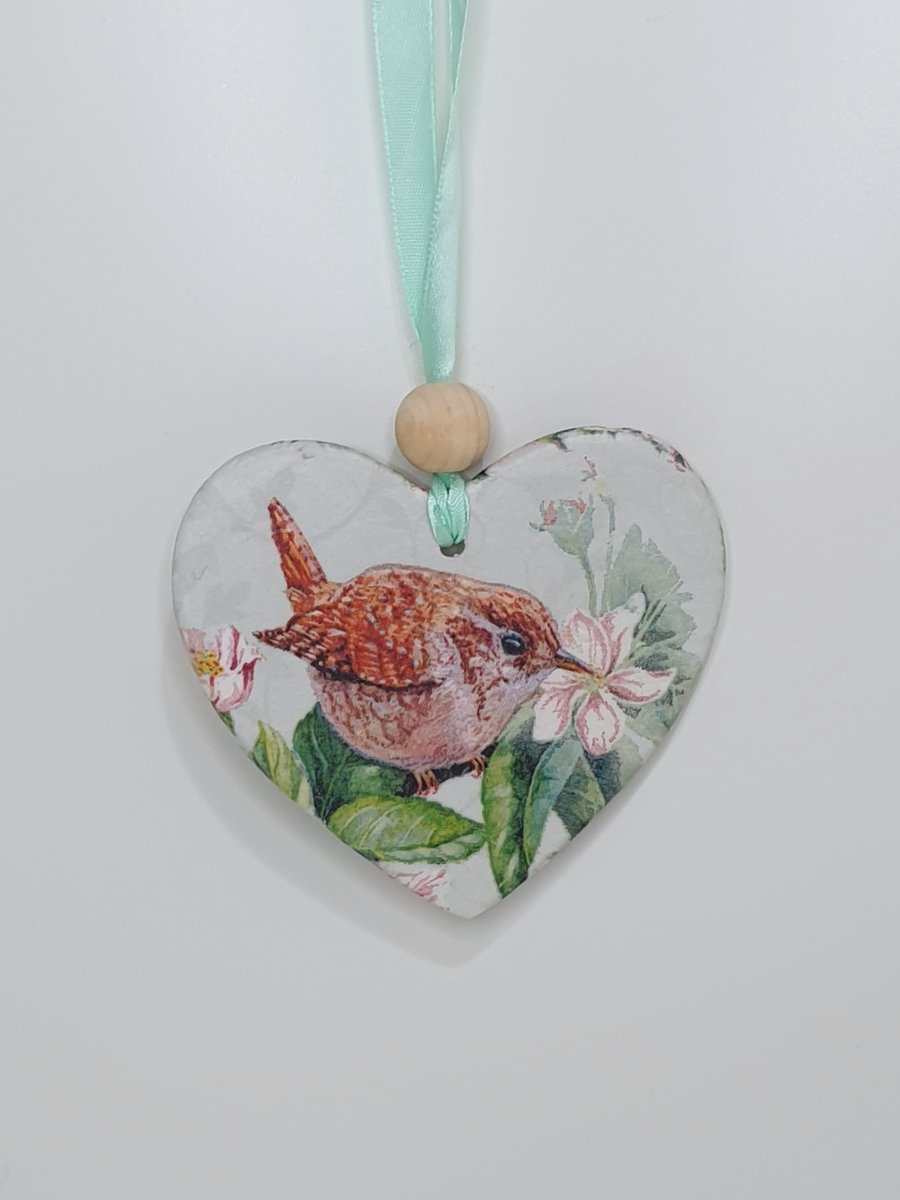 Wren decoration, garden bird clay hanging heart, gift for a bird lover