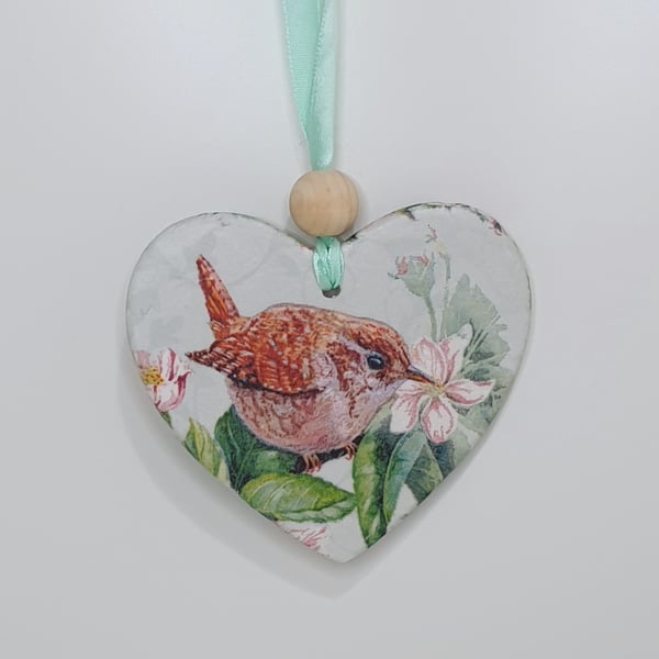 Wren decoration, garden bird clay hanging heart, gift for a bird lover
