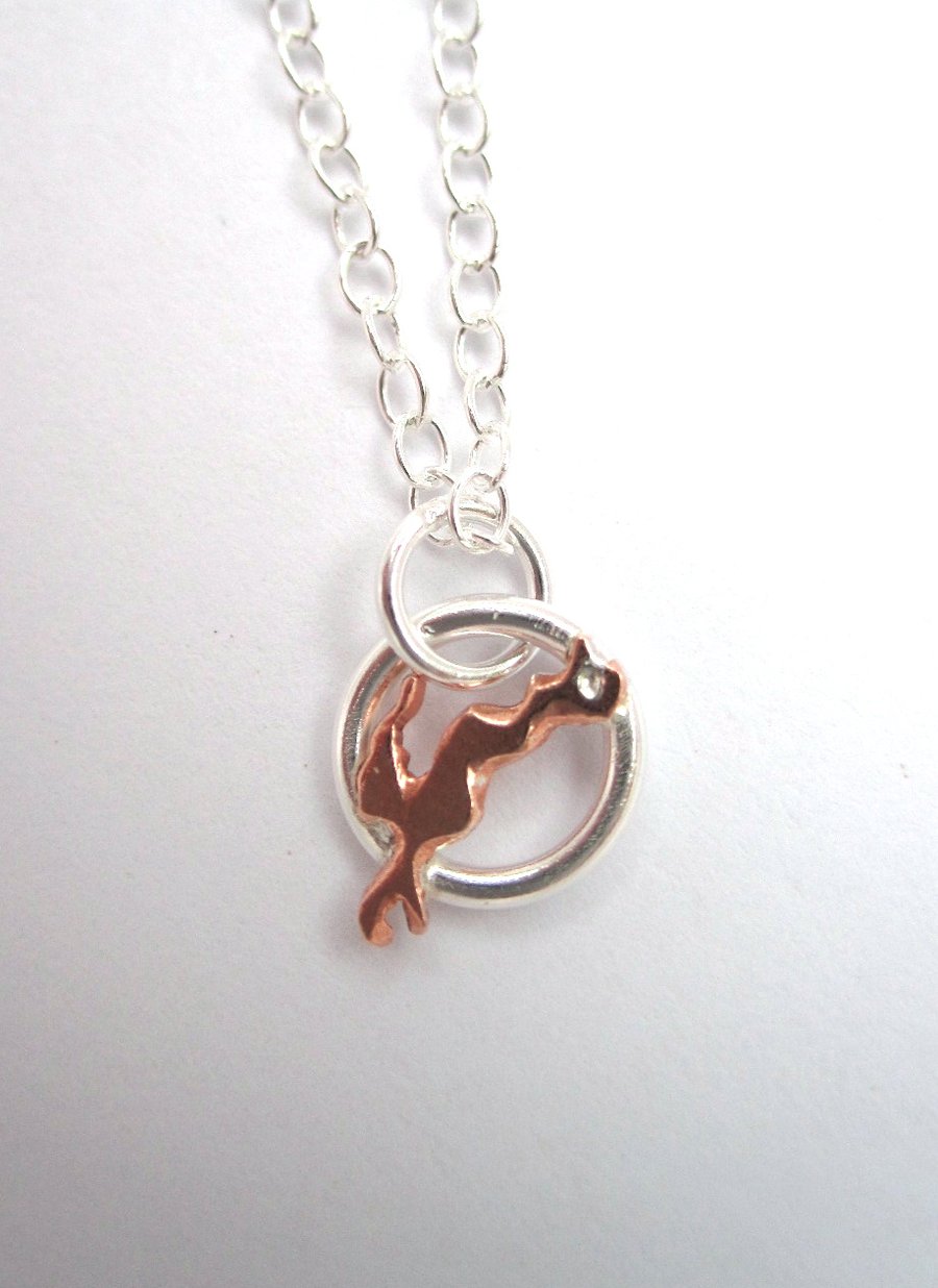 Teeny Copper Hare and Sterling Silver Pendant Left facing hand sawn by artist