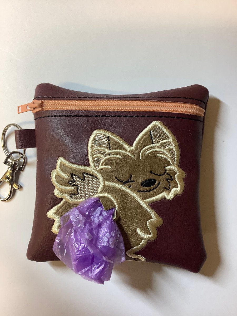 Adorable  Embroidered Burgundy Yorkie  faux leather dog poo bag ,dog walking,