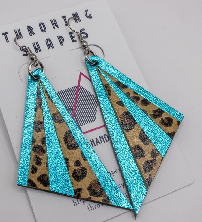 Art Deco inspired Triangle leather earrings, metallic turquoise and leopard prin