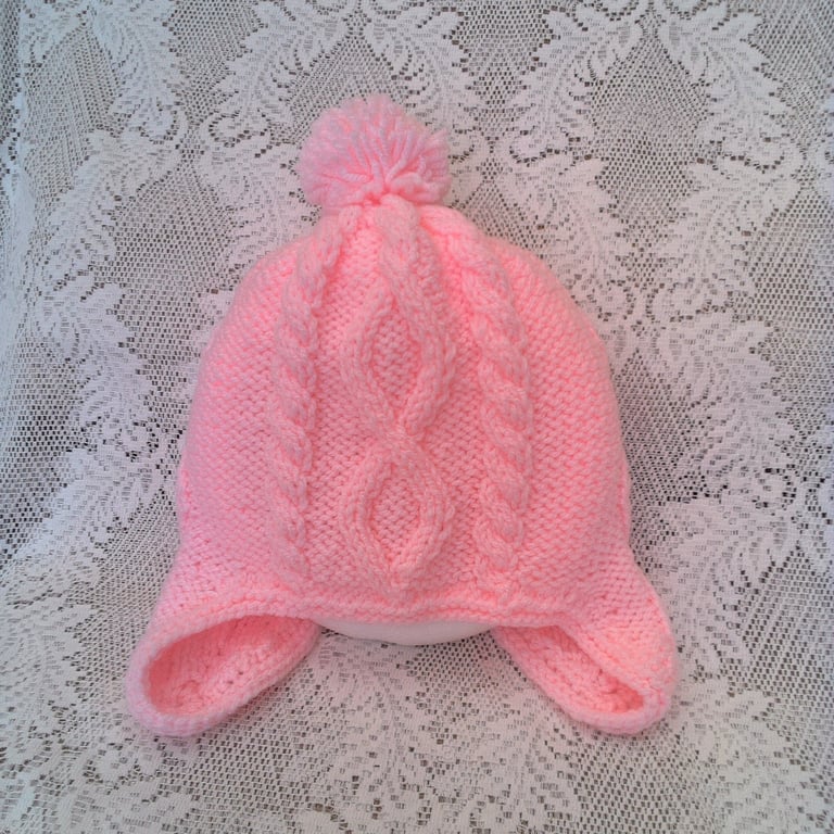 Girl's Pink Aran Cabled Hat with Ear Flaps, Gift Ideas for Girls, Winter Hat