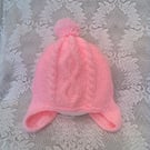 Girl's Pink Aran Cabled Hat with Ear Flaps, Gift Ideas for Girls, Winter Hat