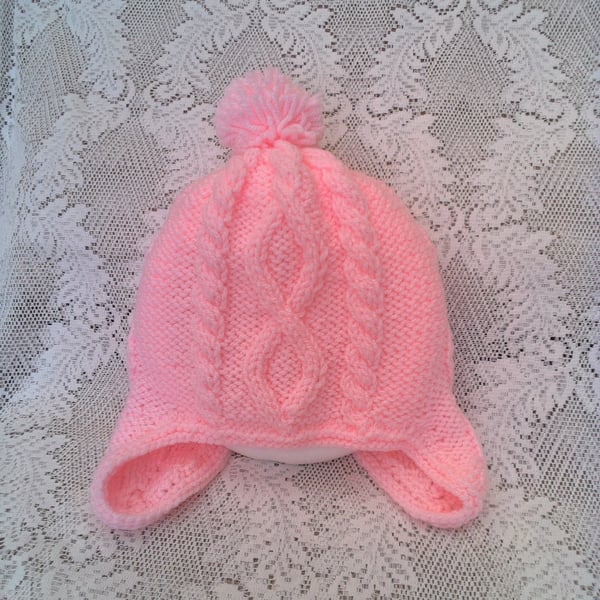Girl's Pink Aran Cabled Hat with Ear Flaps, Gift Ideas for Girls, Winter Hat