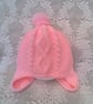 Girl's Pink Aran Cabled Hat with Ear Flaps, Gift Ideas for Girls, Winter Hat