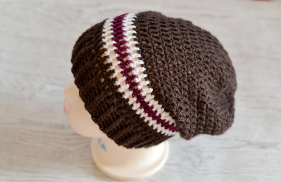 1 Year - 2 Year Unisex Brown, Plum and Cream Slouchy Beanie 