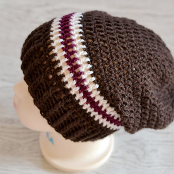 1 Year - 2 Year Unisex Brown, Plum and Cream Slouchy Beanie 