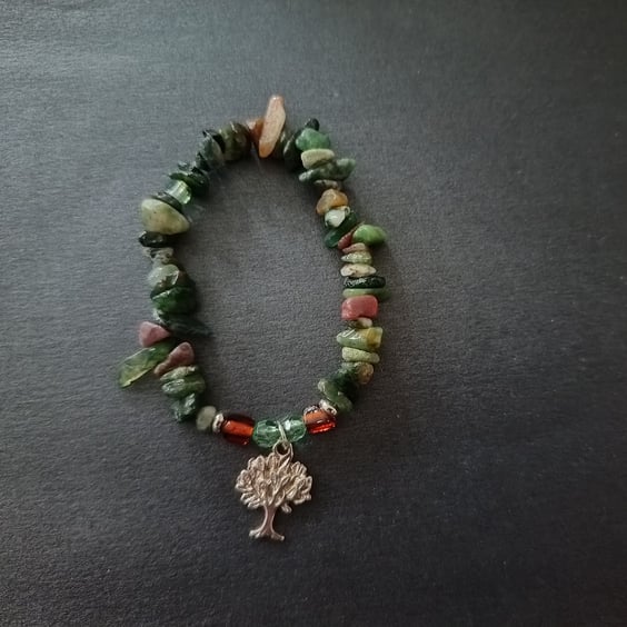 Handmade elasticated bead and moss agate bracelet with silver tree of life charm
