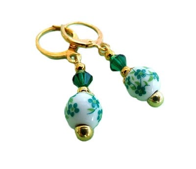 Green and White Ceramic and Crystal Earrings