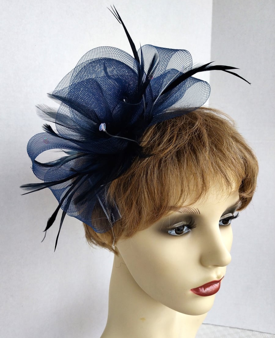 Natalie Navy crinoline fascinator with feathers and sequins