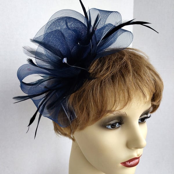 Natalie Navy crinoline fascinator with feathers and sequins