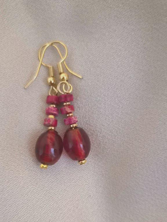 Ruby Red Teardrop and flat Bead Earrings Hand Made
