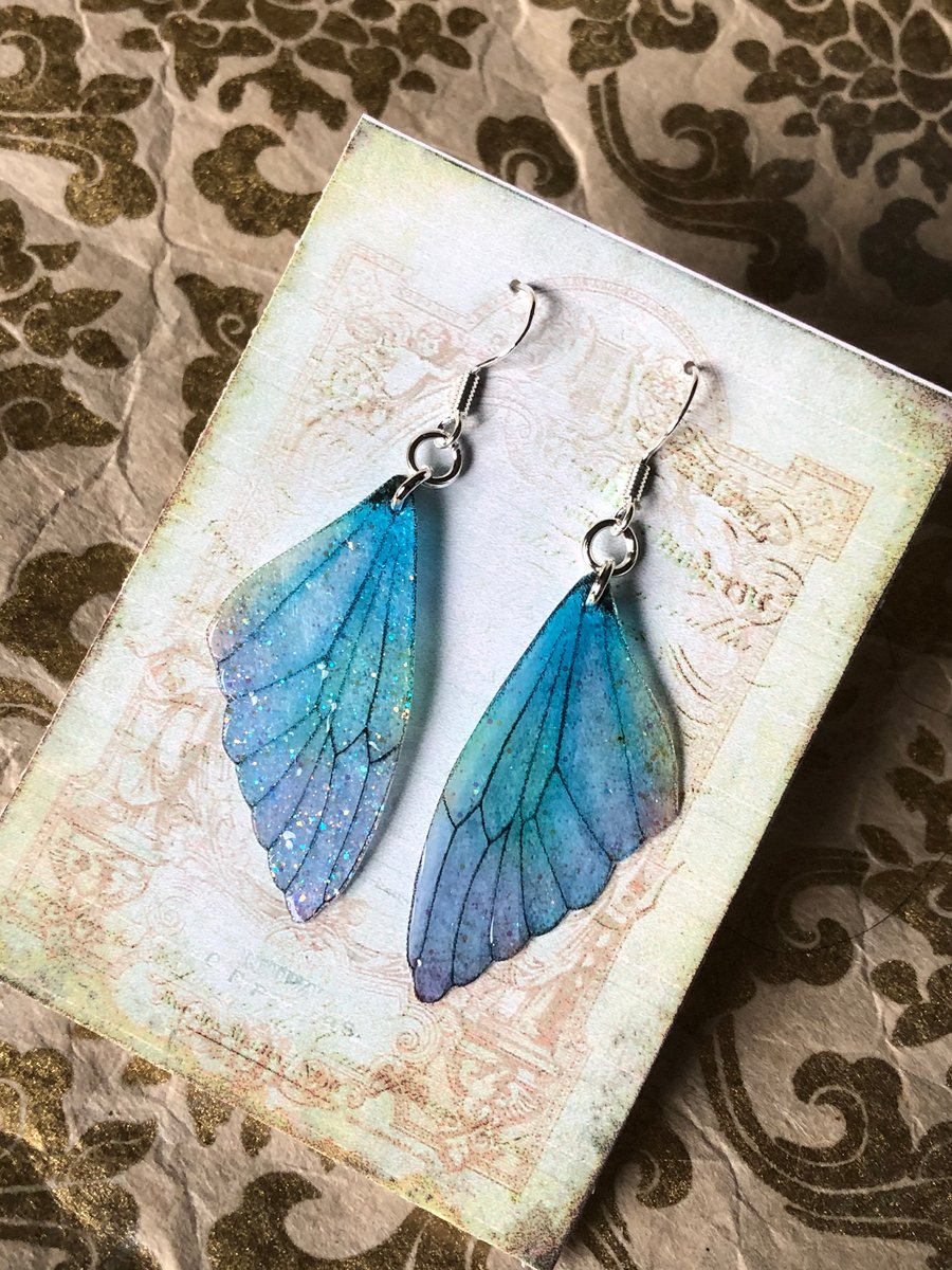 Blue pastel fairy wing sterling silver earrings