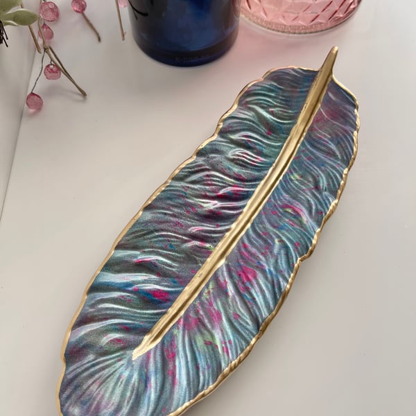 Feather shaped Pink Gold Green Resin Jewellery Trinket Dish Tray FREE POSTAGE