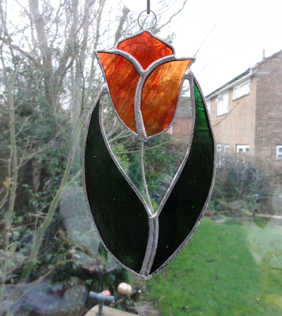 Stained Glass Tulip Suncatcher - Orange