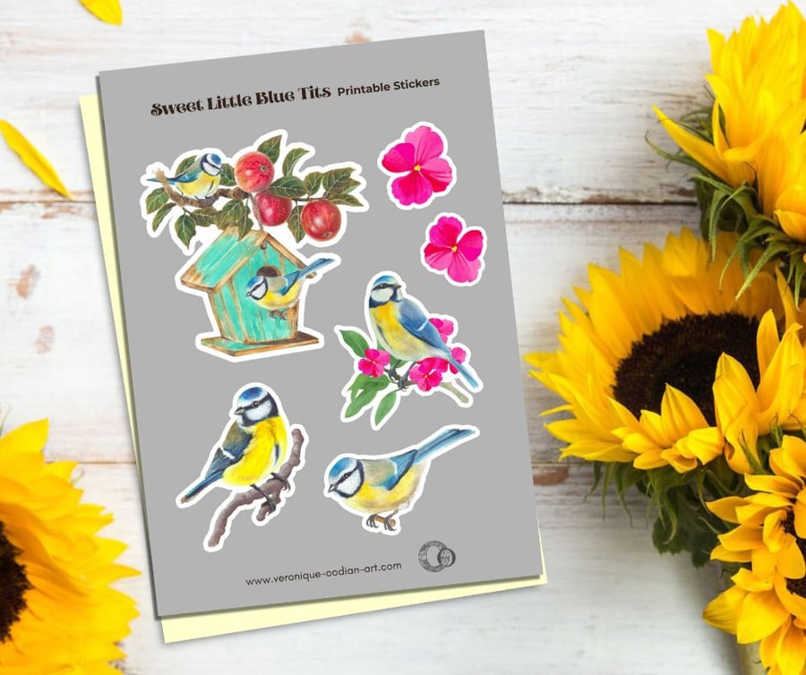 Sweet Little Blue Tits Printable Sticker Sheet PDF Digital Product