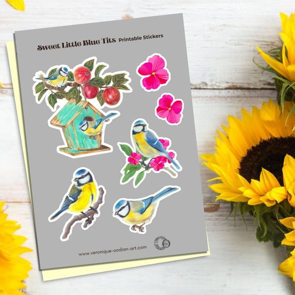 Sweet Little Blue Tits Printable Sticker Sheet PDF Digital Product