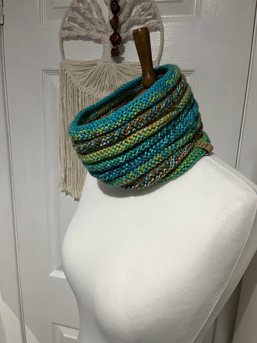 Ribbed neck warmer cowl in soft acrylic yarn 56cms x 18cms wide Blues, greens