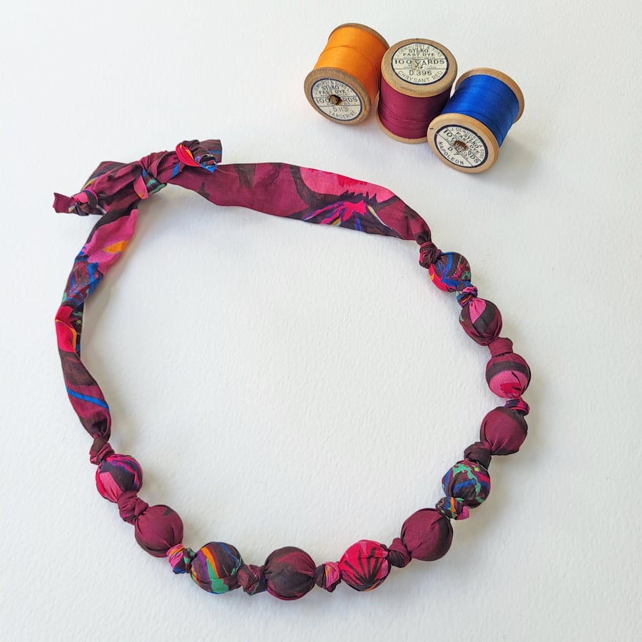 Pink, Maroon, Orange, Blue Liberty Print Fabric Necklace - Cebollas Garden Print