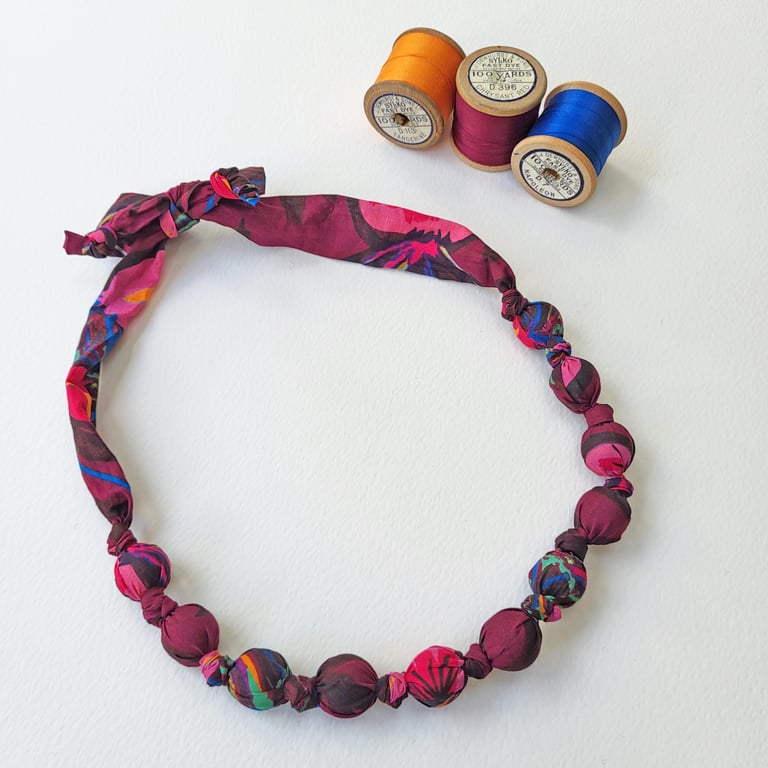 Pink, Maroon, Orange, Blue Liberty Print Fabric Necklace - Cebollas Garden Print