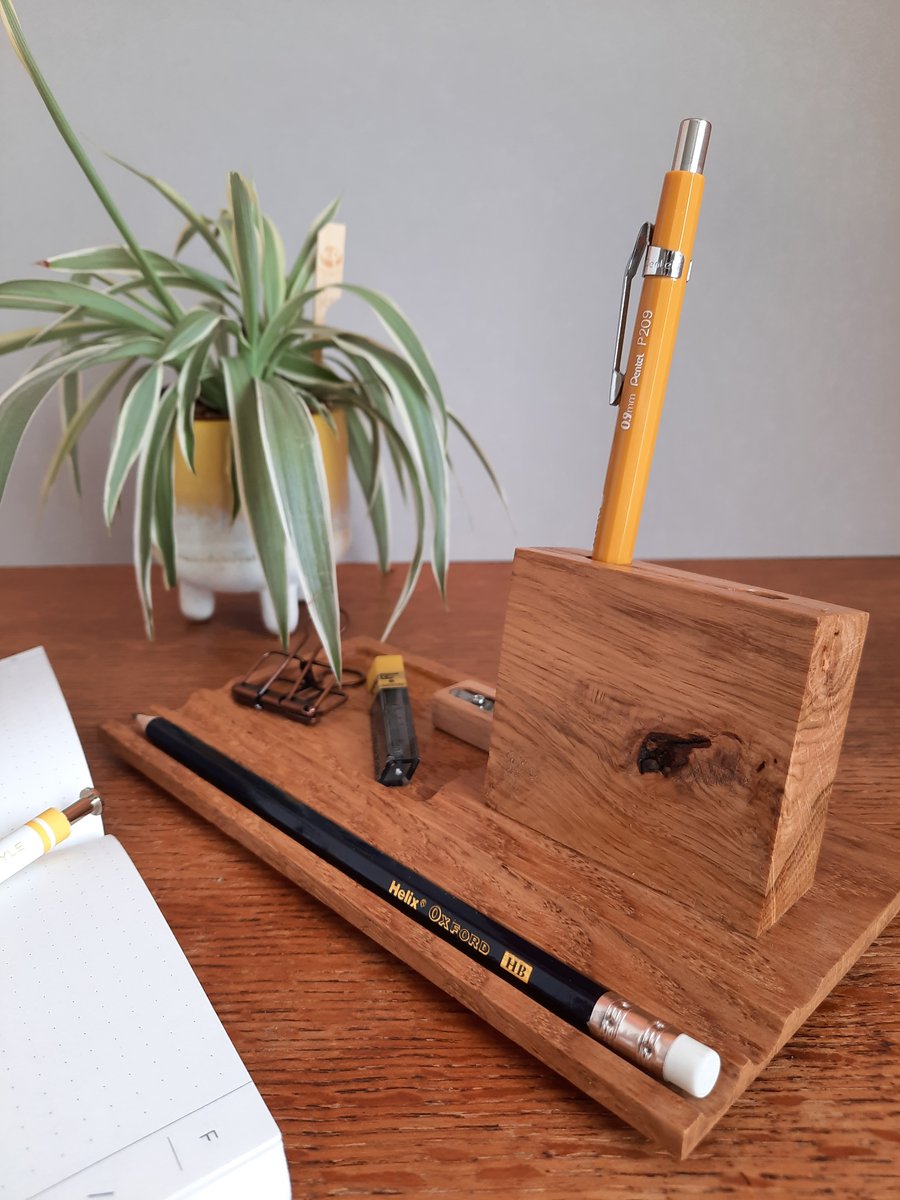 LH Gildridge Solid Oak Desk Organiser - Pen Phone Tray (Tray on the Left)