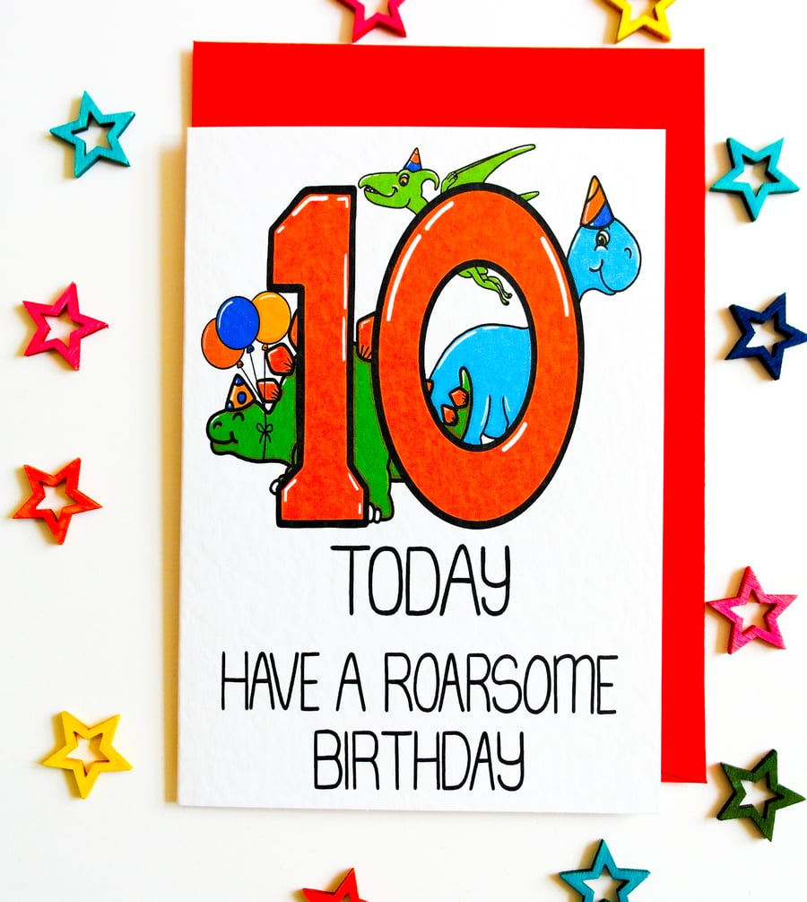 10th Dinosaur Birthday Card, 10 Today Have A Roarsome Birthday, Dino card