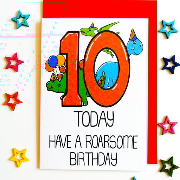 10th Dinosaur Birthday Card, 10 Today Have A Roarsome Birthday, Dino card