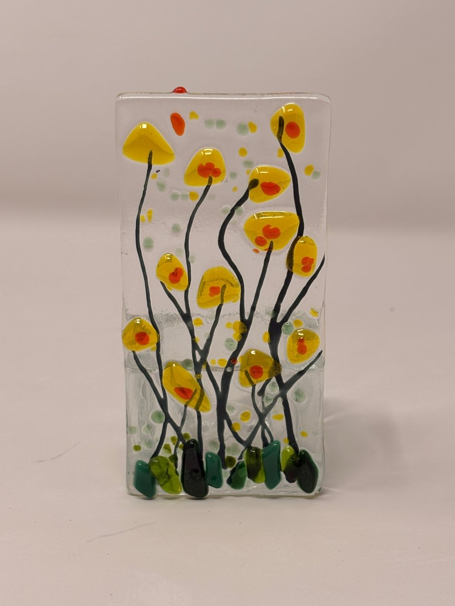 Fused Glass Tea Light Holder - Yellow Meadow Flowers