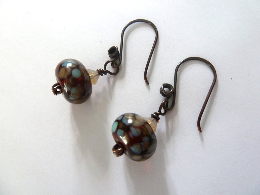 amber lampwork and copper earrings