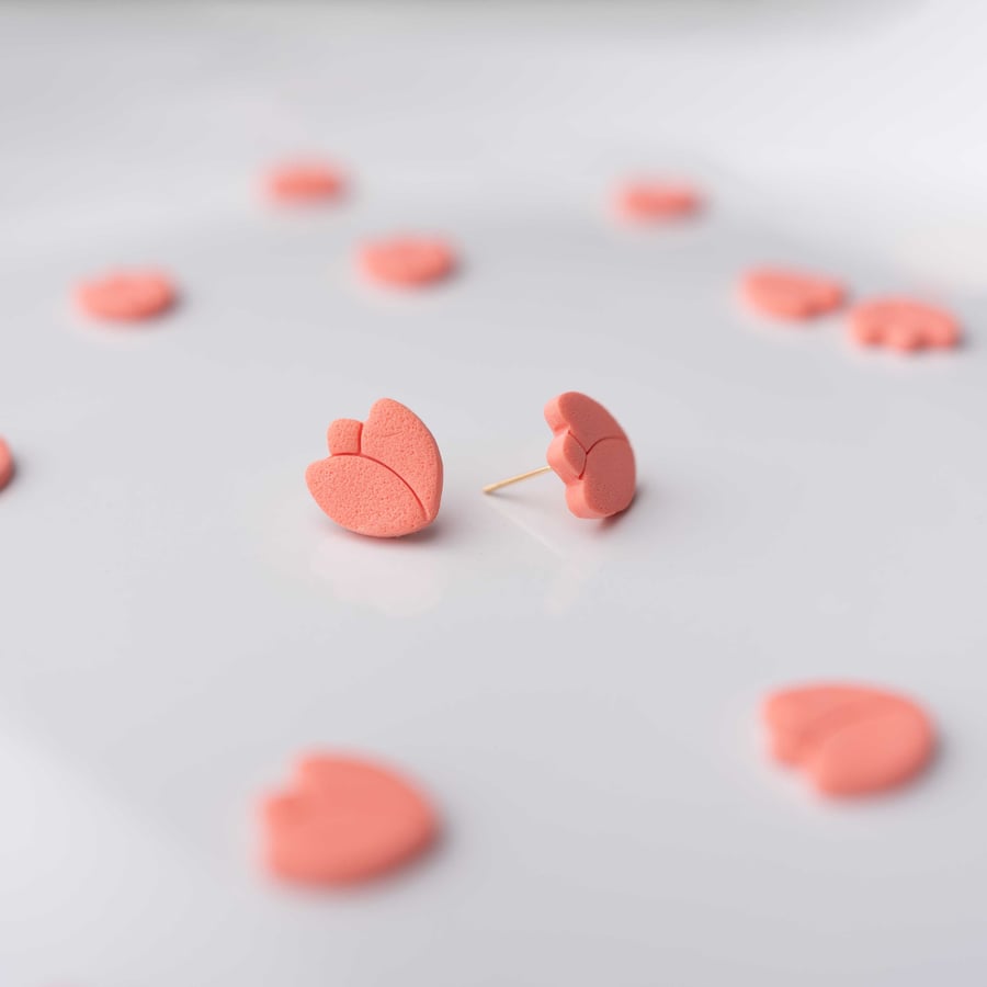 Coral Tulip Stud Earrings: Handmade Polymer Clay Floral Jewelry