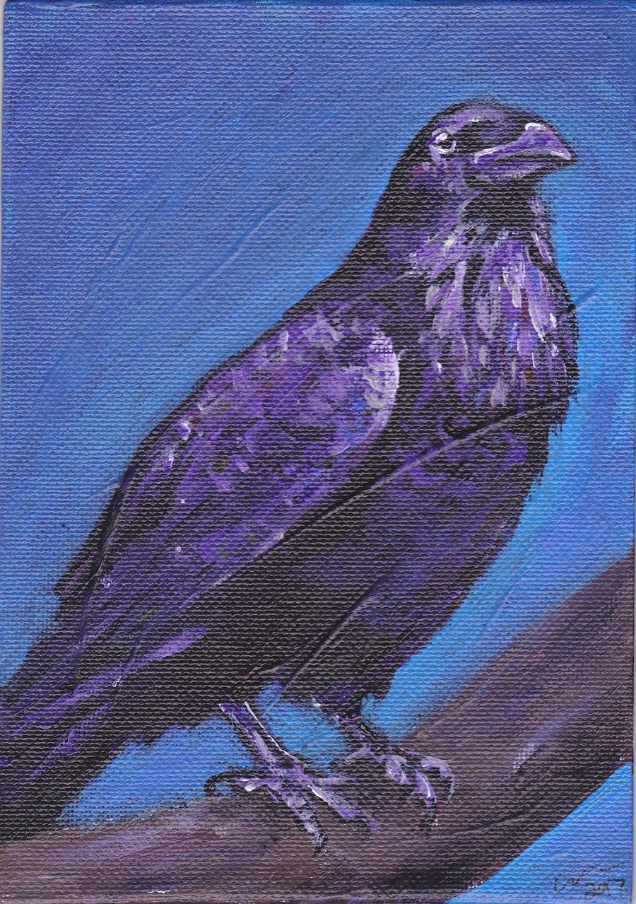 Raven Perch Original Acrylic Painting on Canvas Board OOAK animal Bird Art