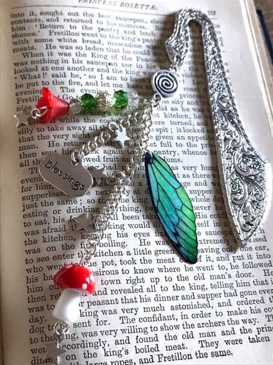 Green Fairy Wing Beaded Toadstool Ornate Bookmark 