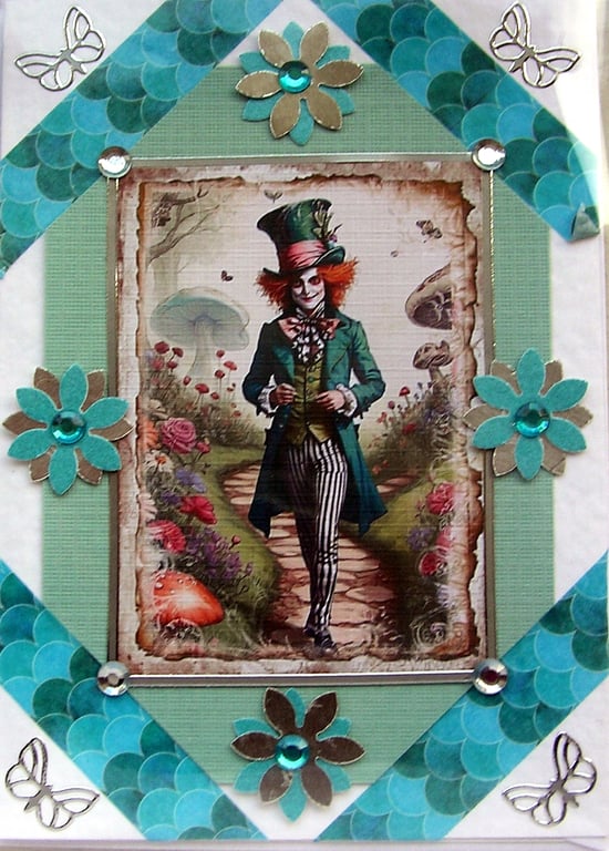 Madhatter in Wonderland - Hand Crafted Decoupage Greeting Card - Blank 2773