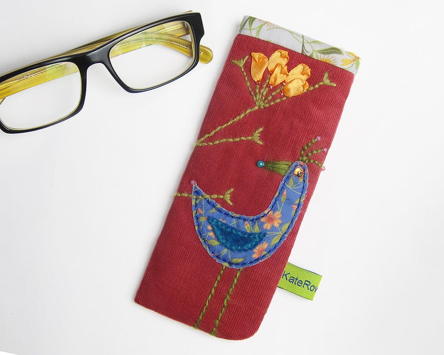 Cherokee red glasses case with bird and flower embroidery