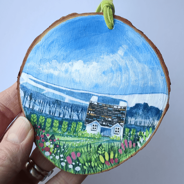 Snow Hill Cottage - Unique hand-painted wooden slice. Original artwork 