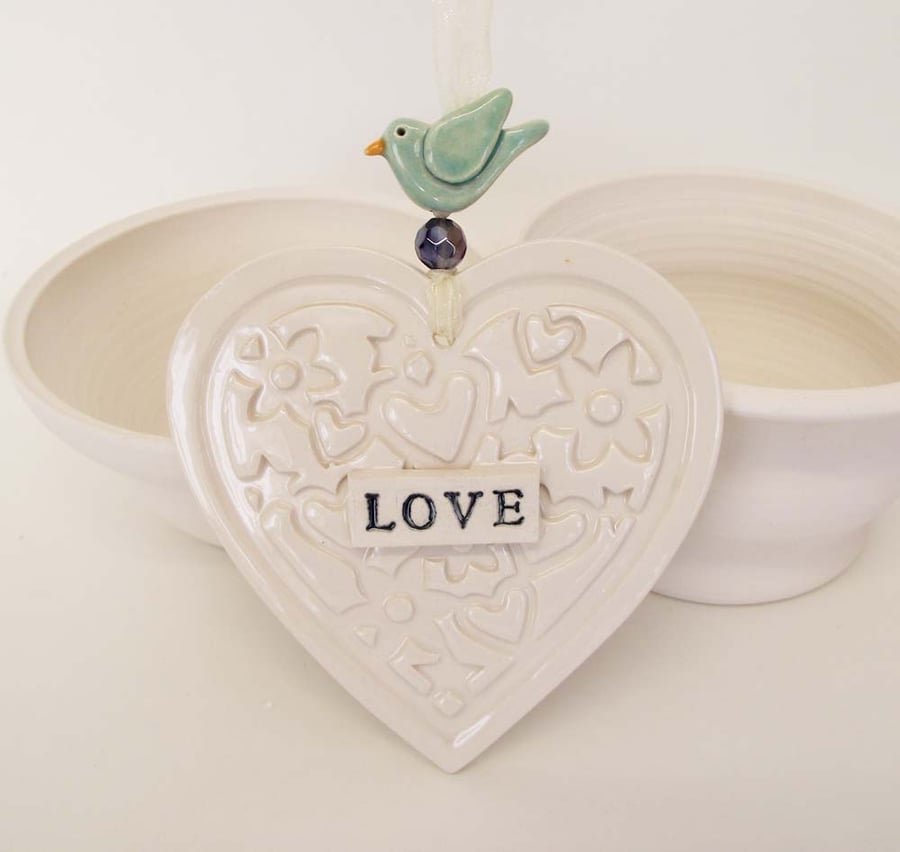 ceramic heart decoration with bird Love heart Wedding