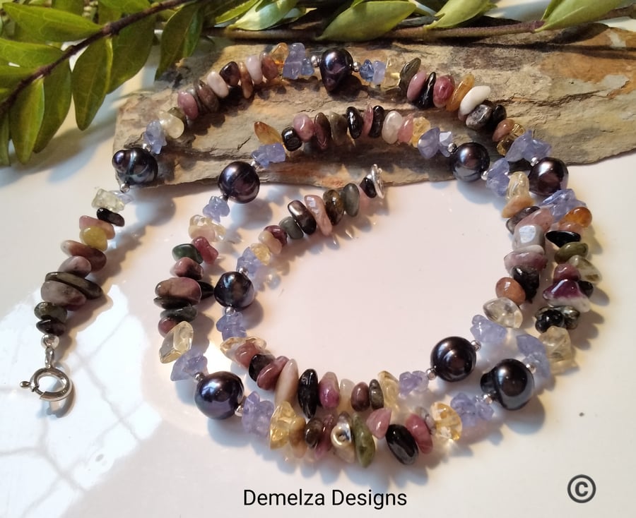 Ombre Multi Gemstone & Fresh Water Pearl Necklace Sterling Silver