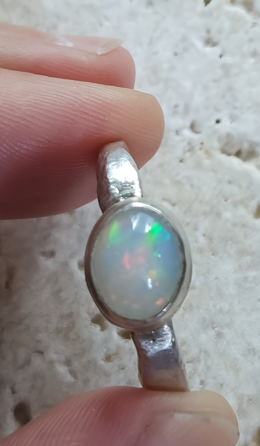 Handmade Silver Ring with White Ethiopian Opal : Size N