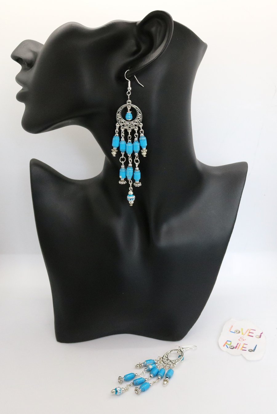 Chandelier sky blue paper beaded earrings with silvery beads