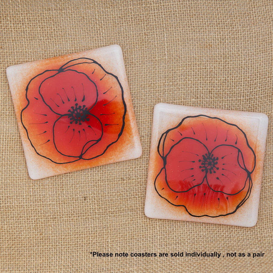 Illustrated Red Poppy Flower Fused Glass Drinks Coaster